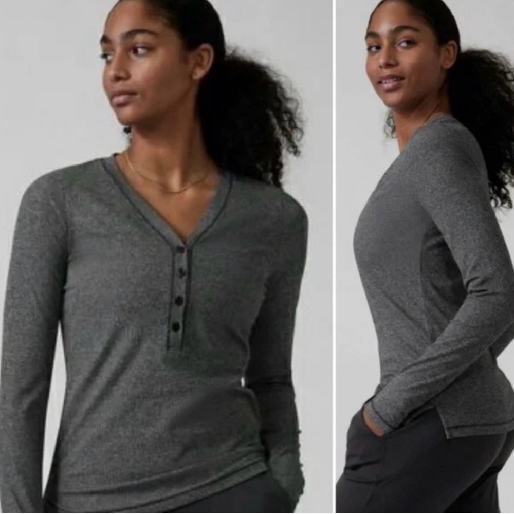 Athleta Womens Uptempo Ribbed Long Sleeve Henley Top Sz Large Charcoal Gray